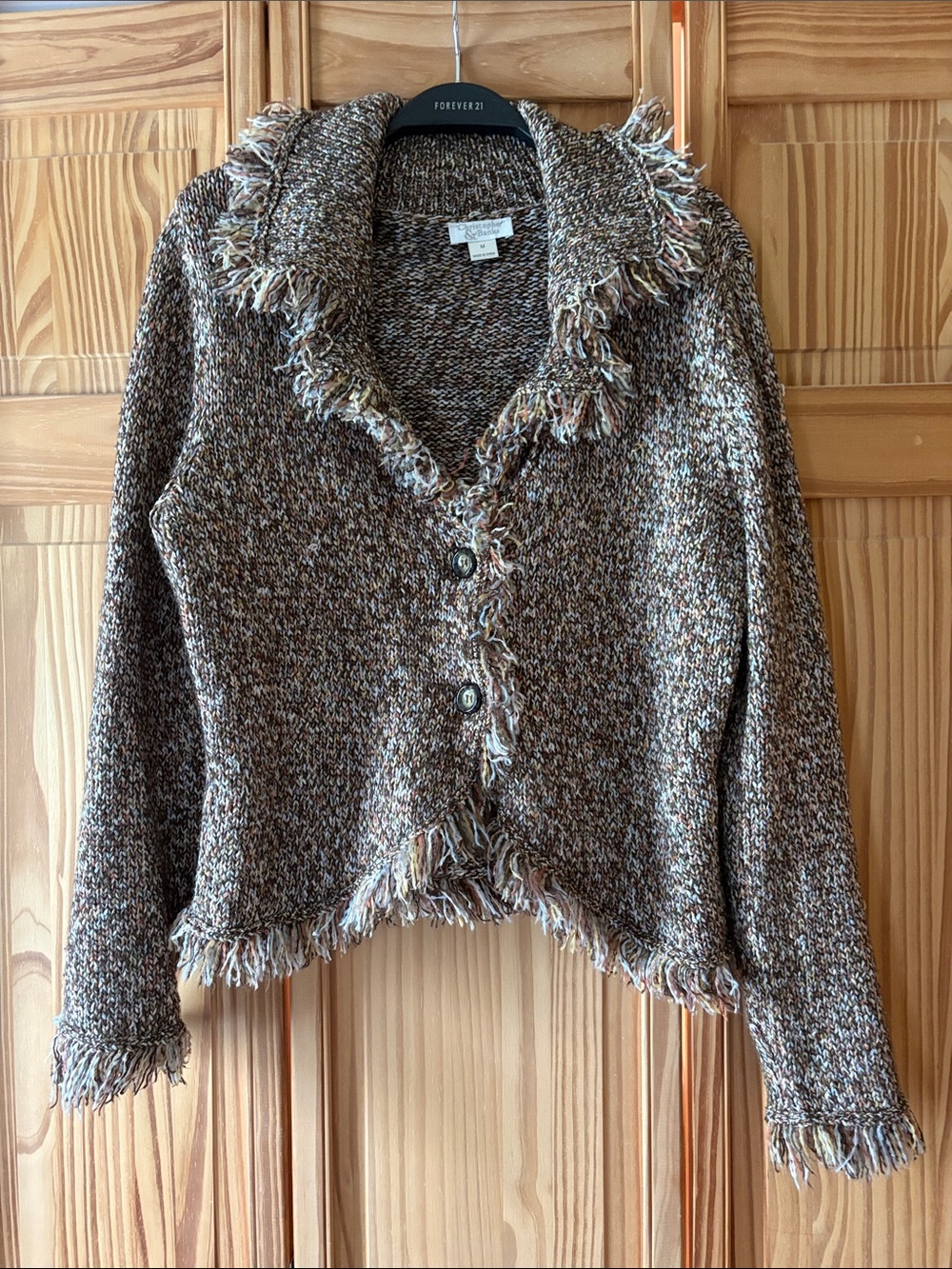 Christopher & Banks Brown Multi-Color Fringe Collar Button Cardigan